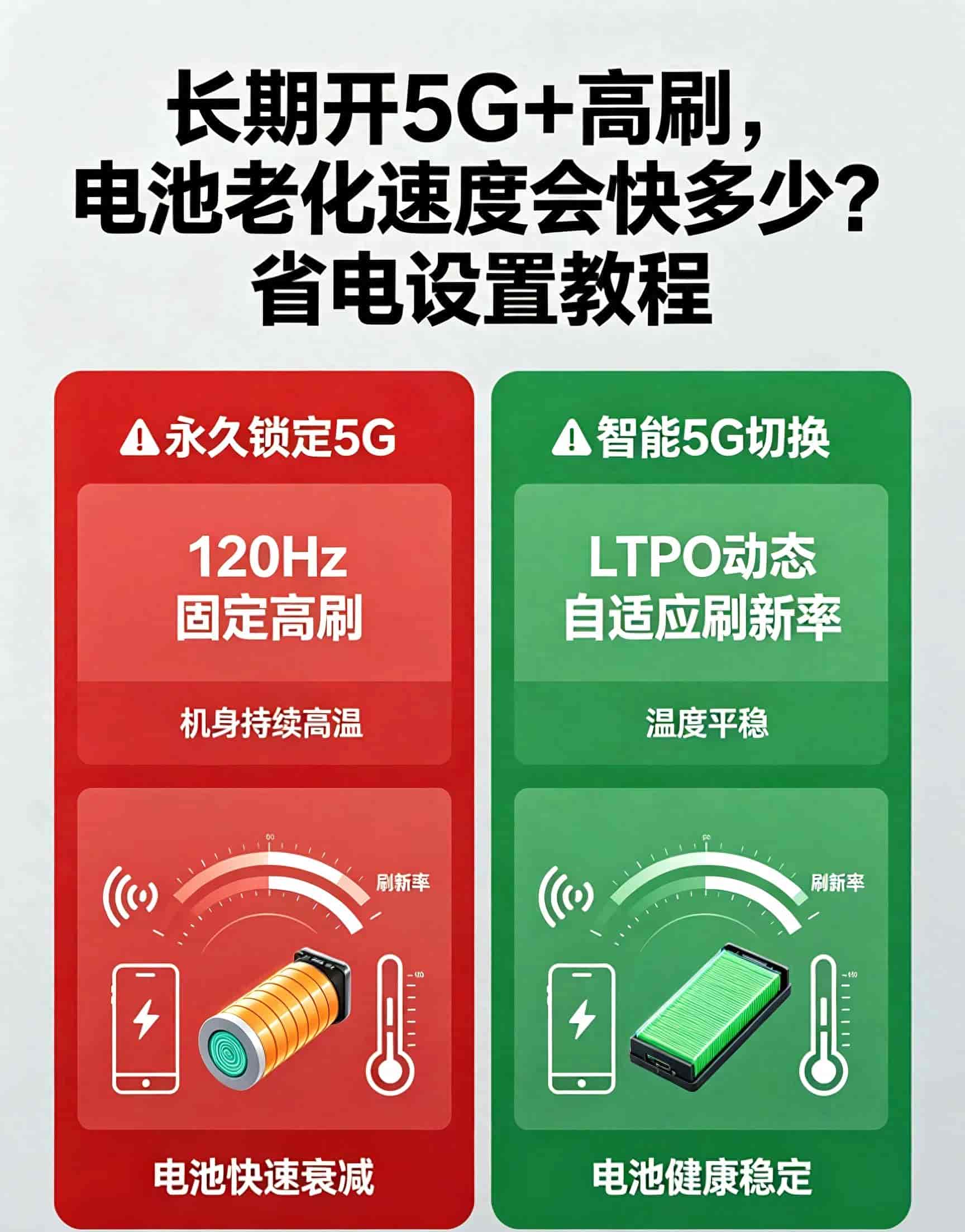 长期开5G+高刷，电池老化速度会快多少？省电设置教程